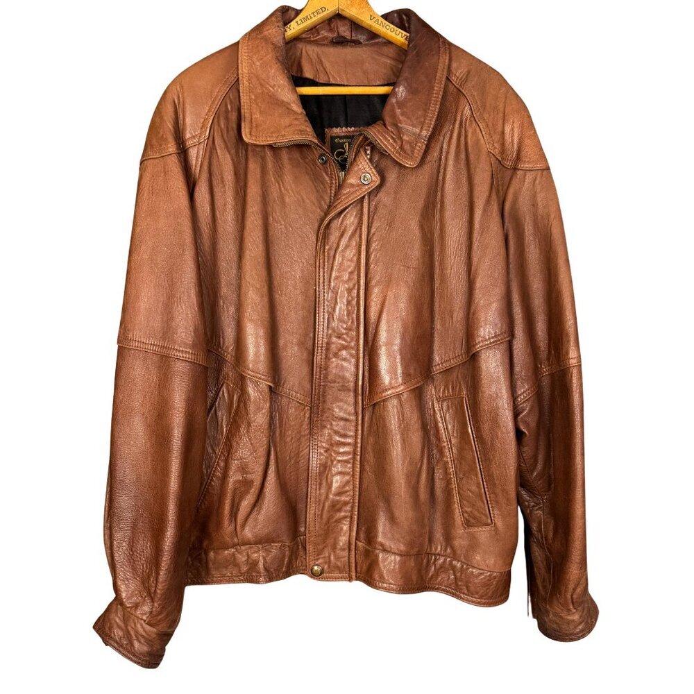 Vintage 90s Brown Leather Coat, Bomber Jacket, by Creation Montreal